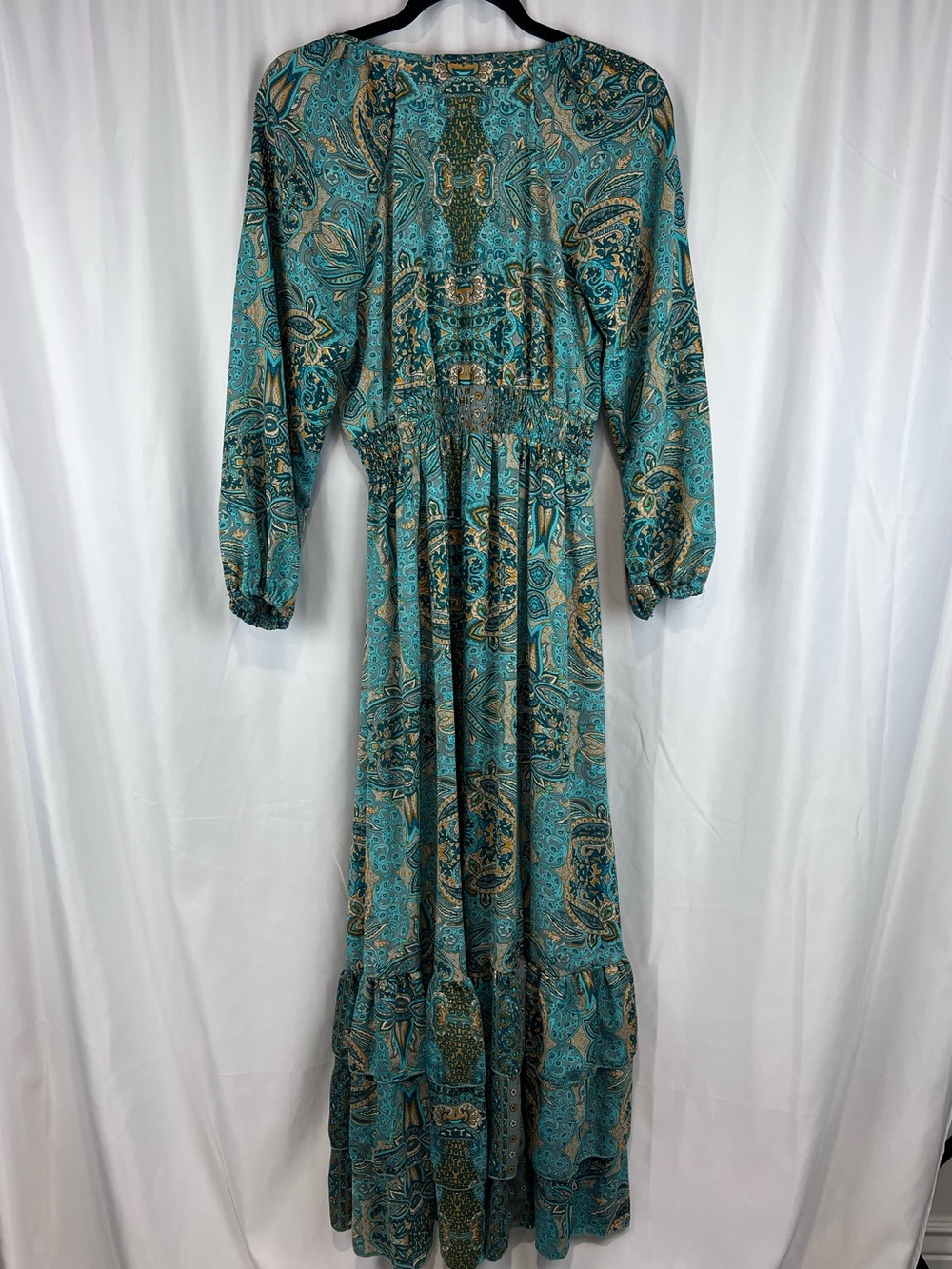 Anthropologie Boemo Teal Paisley Long Sleeve Tiered Maxi Dress - Size LP - Picture 7 of 7